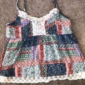 Colorful Flowy Crop Top with Lace Applique Trim